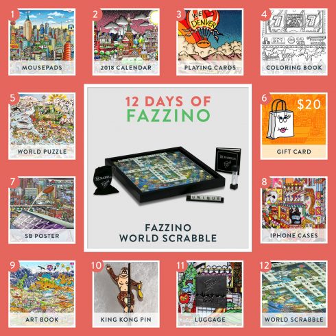 12 days of Fazzino calendar card - world scrabble giveaway