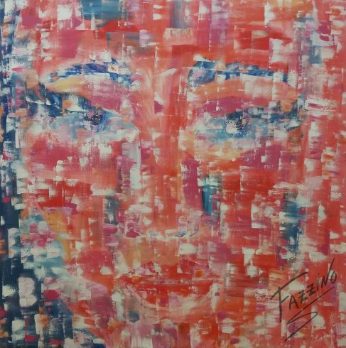 Abstract painting of a red womans face done by Melek Toraman