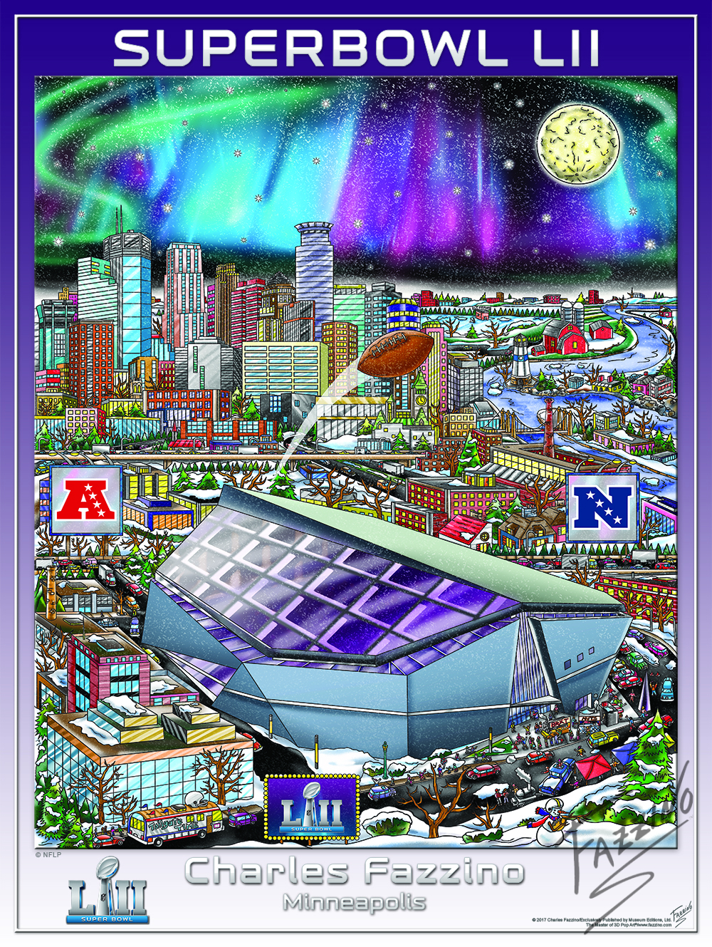NFL Fazzino Superbowl LII poster or Minneapolis Stadium with aurora lights in the sky 