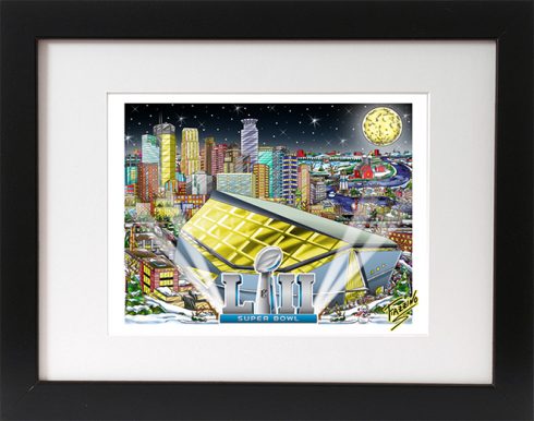Super Bowl 52 framed mini art print featuring the Minneapolis stadium, the Heisman trophy and the moon