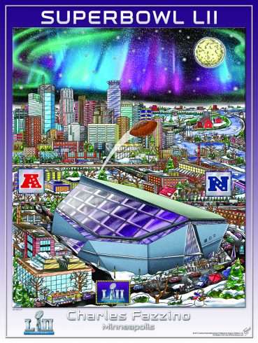 Fazzino Super Bowl LII limited edition poster showing the stadium in Minneapolis with a football flying through the air and the moon