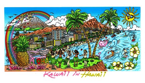 Rainbow over a cityscape with volcanoes in the background - Kawaii in Hawaii pop art piece done by Charles Fazzino