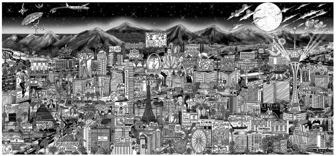 Midnight in Vegas! Premier Aluminum Edition in black and white by Charles Fazzino