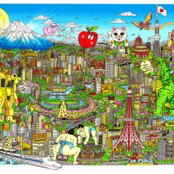 Cityscape artwork of Konnichiwa Tokyo featuring landmarks and famous pop culture references