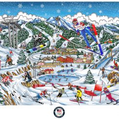 Artwork for the Pyeong Chang Olympics showing the mountains of Seoul with skiers and jumpers in the air