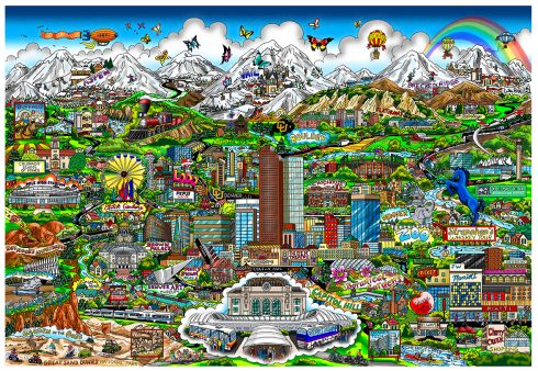 Colorado cityscape that captures the arid desserts, rocky mountains and city life, done by 3D Pop Artist Charles Fazzino. New Release - Colorado On My Mind!