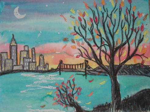 An example of a crayon resist watercolor showing a river, cityscape and giant flowering tree in the foreground