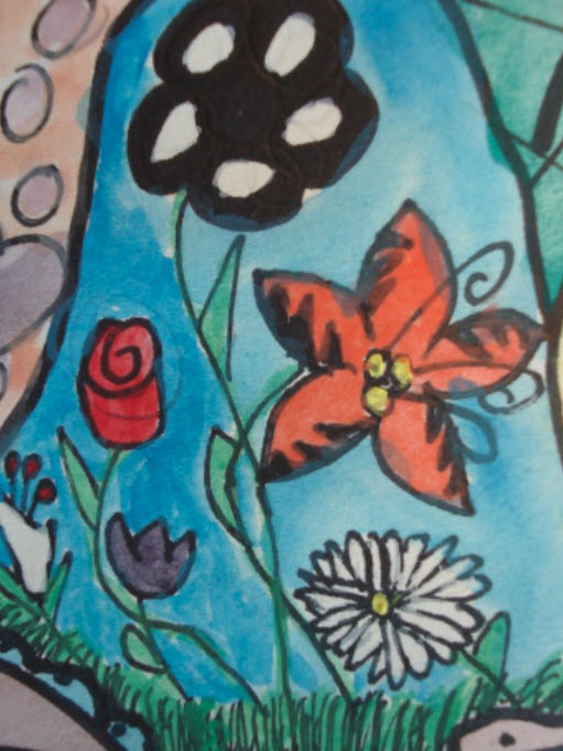 Watercolor red, orange and purple flowers on a blue background 