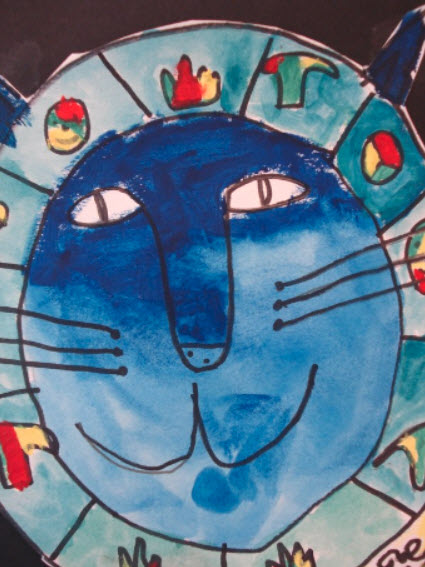 A blue faced cat with icons surrounding its head shows a crayon watercolor salt resist art example