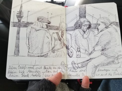 A sketch of four men and women sitting on a rock wall near a bridge in Germany - Urban Sketchers society