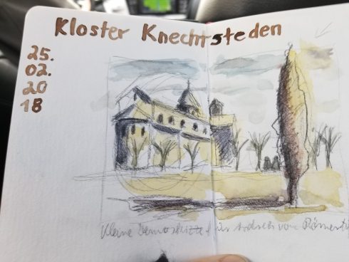 A colored sketch of Kloster Knechtsteden in Germany - Urban Sketchers society