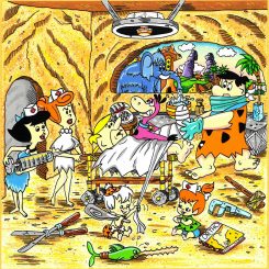 Fred plays the surgeon to Barney's patient in this whimsical version of the Flintstones by Charles Fazzino.