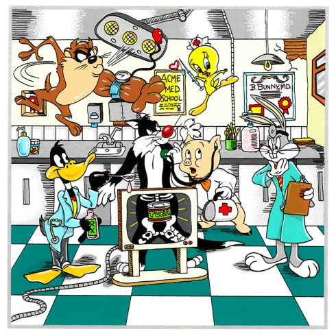 "A Looney Doctor Visit" Uh-Oh Poor Sylvester! Let's hope B.Bunny, MD. and his friends Daffy Duck, Tweety Bird, Porkey Pig, and Tazz can find a way to cure that belly full of tuna!