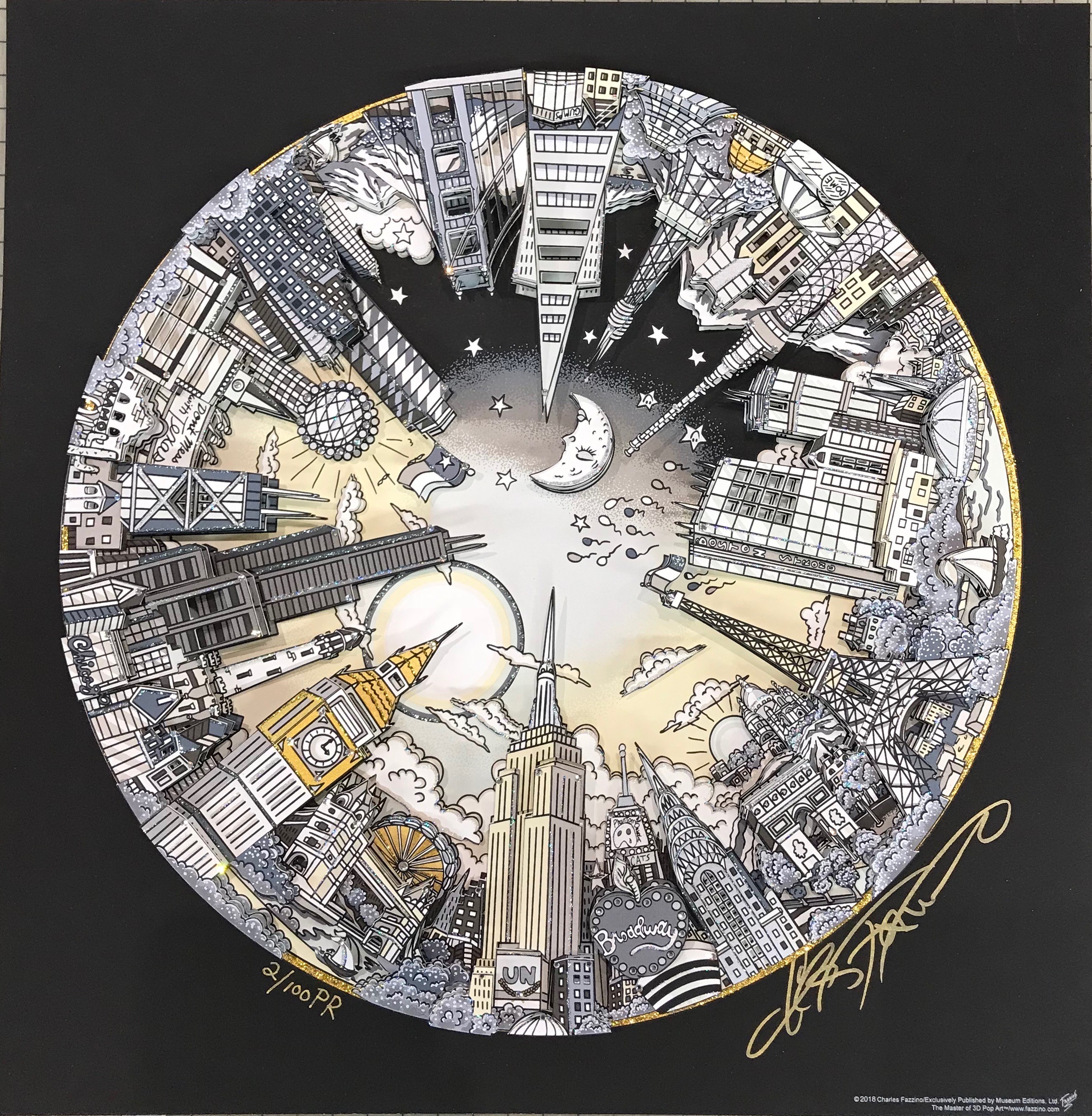 The World Goes Round and Round metallic silkscreen by Charles Fazzino (Premiere Edition Size: 100PR)