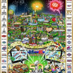 Artwork commemorating all 50 Super Bowls including all game logos and the venues where the game has been played