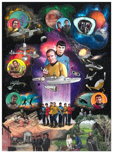 Star Trek artwork featuring Captain Kirk and Spock in space along with the crew of the USS Enterprise