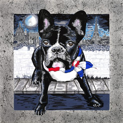 A black and white dog with a red white and blue bandanna with the Eiffel Tower and Paris skyline in the background - Olivier in Paris done by Charles and Heather Fazzino