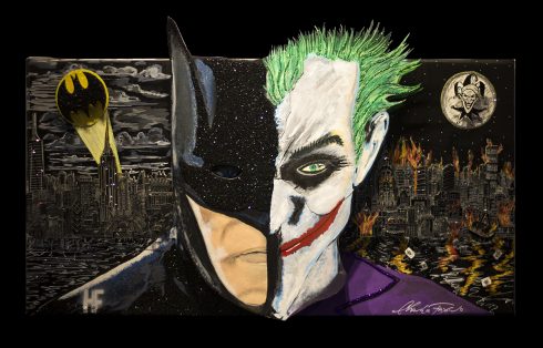 A slip face of Batman and The Joker with New York City and Gotham City in the background The Clash of the Gotham Rivals done by Charles and Heather Fazzino