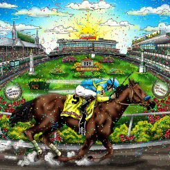 tribute artwork to victor espinoza's victory in the triple crown aboard American Pharoah in 2015