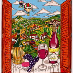 A 3d pop art of a vineyard in italy as seen through an open window