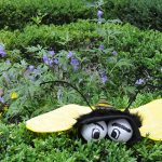 A felt bee with baseballs for eye perched on top of a green hedge with purple flowers in the background