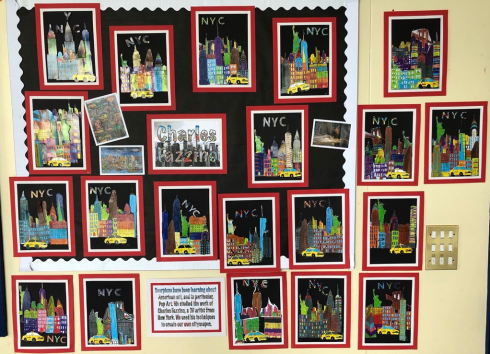 Wall of 3d pop art New York City, Fazzino inspired, cityscapes done by Sixpenny School 