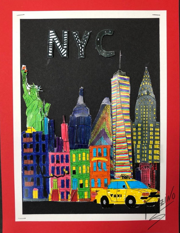 Colorful New York City cityscape with taxi in the foreground - Fazzino inspired work by Sixpenny School