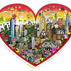 New York cityscape with video game characters above the city in a heart shape