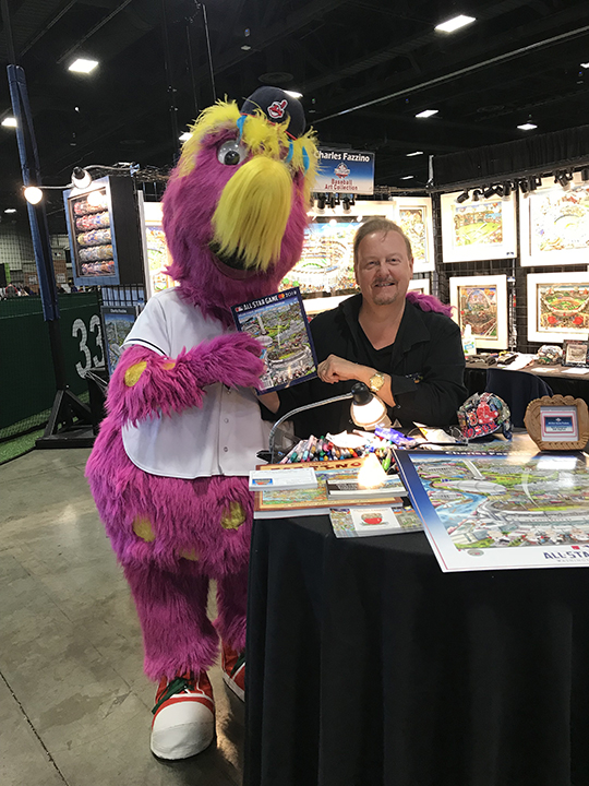 Charles Fazzino and  Mascot for the Cleveland Indians (Slider) at MLB Fan Fest 2018