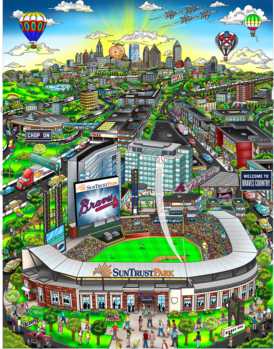 Sun Trust Park, Atlanta skyline, hot air balloons and a giant peach. Atlanta Braves 3D Pop Art commissioned baseball piece by Charles Fazzino of Sun Trust Park