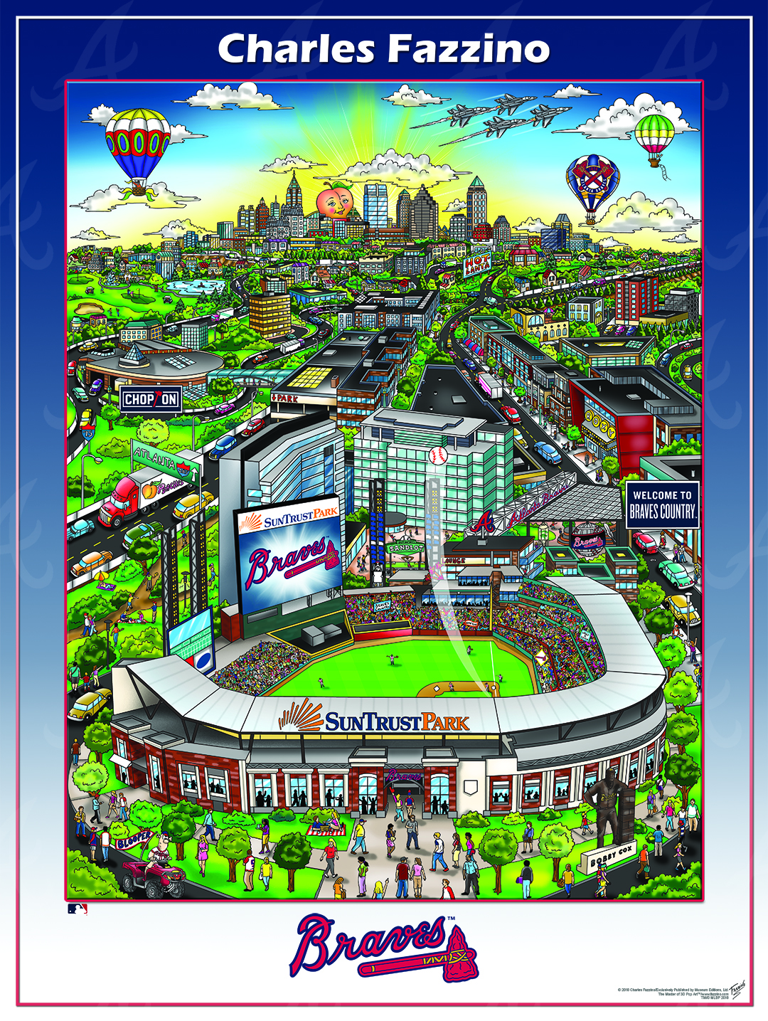 Atlanta Braves commissioned pop art baseball piece. People surrounding the new Sun Trust baseball stadium with hot air balloons above the Atlanta skyline.