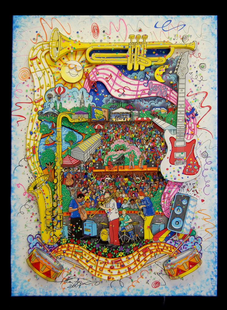 Colorful art piece names "Pori Jazz" by Charles Fazzino 