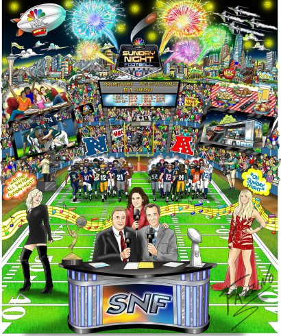 Artwork by Fazzino for Sunday Night Football featuring announcers, football teams surrounded by fans