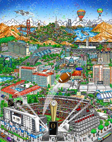 Pop art football stadium in California with city and the golden gate bridge in the background