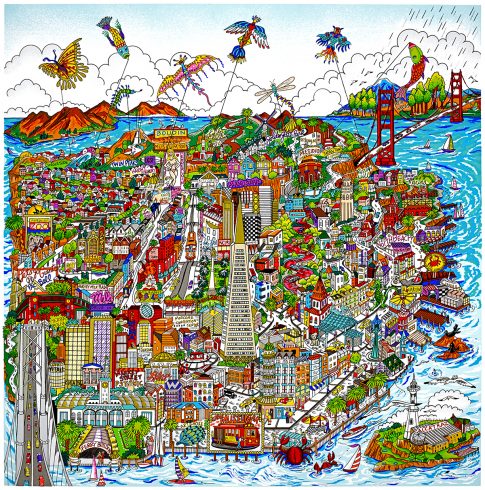 Colorful San Francisco cityscape artwork featuring many famous monuments of SF.