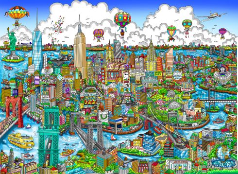 High above New York artwork by Fazzino featuring the NYC skyline with hot air balloon in the clouds