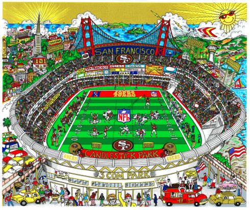 Colorful painted artwork of San Francisco's football stadium, home of the 49ers with the Golden Gate Bridge in the backdrop.