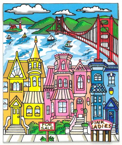 Colorful artwork painting of the famous Pink Ladies Victorian style houses in San Fran with the Golden Gate Bridge in the backdrop.