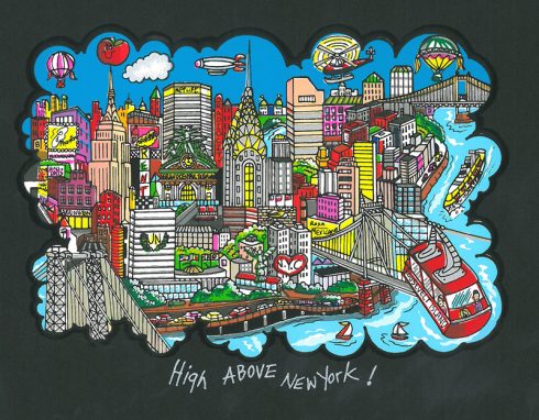 High Above New York Fazzino artwork featuring the NYC skyline and iconic buildings and bridges