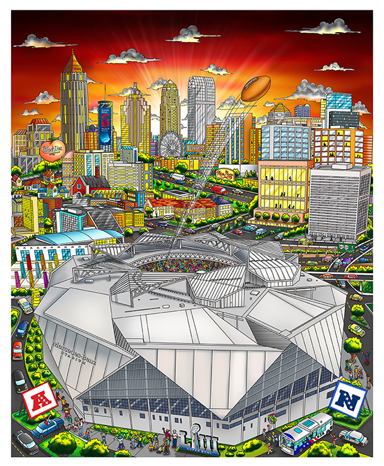 A football kicked into the sky from the Mercedez-Benz Stadium Stadium into Georgia's city skyline in the background - 2019 NFL Super Bowl LII poster by Charles Fazzino