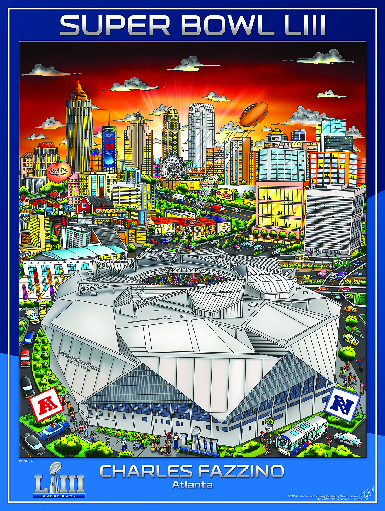 Super Bowl LIII Poster art by Charles Fazzino featuring the city of Atlanta and the Mercedez-Benz Stadium