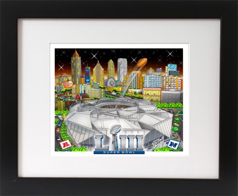 Framed pop art print of the NFL Super Bowl LII done by Charles Fazzino