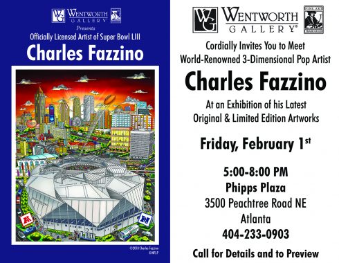 Invitation for the Fazzino show at Wentworth Gallery featuring the artwork for the Super Bowl