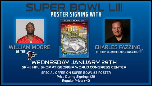 Announcement card for the Super Bowl Fazzino poster signing with Atlanta Falcon William Moore