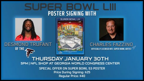 Announcement card for the Super Bowl Fazzino poster signing with Atlanta Falcon Desmond Trufant