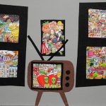 Images from old calendars used to create artwork in a living room themed collage