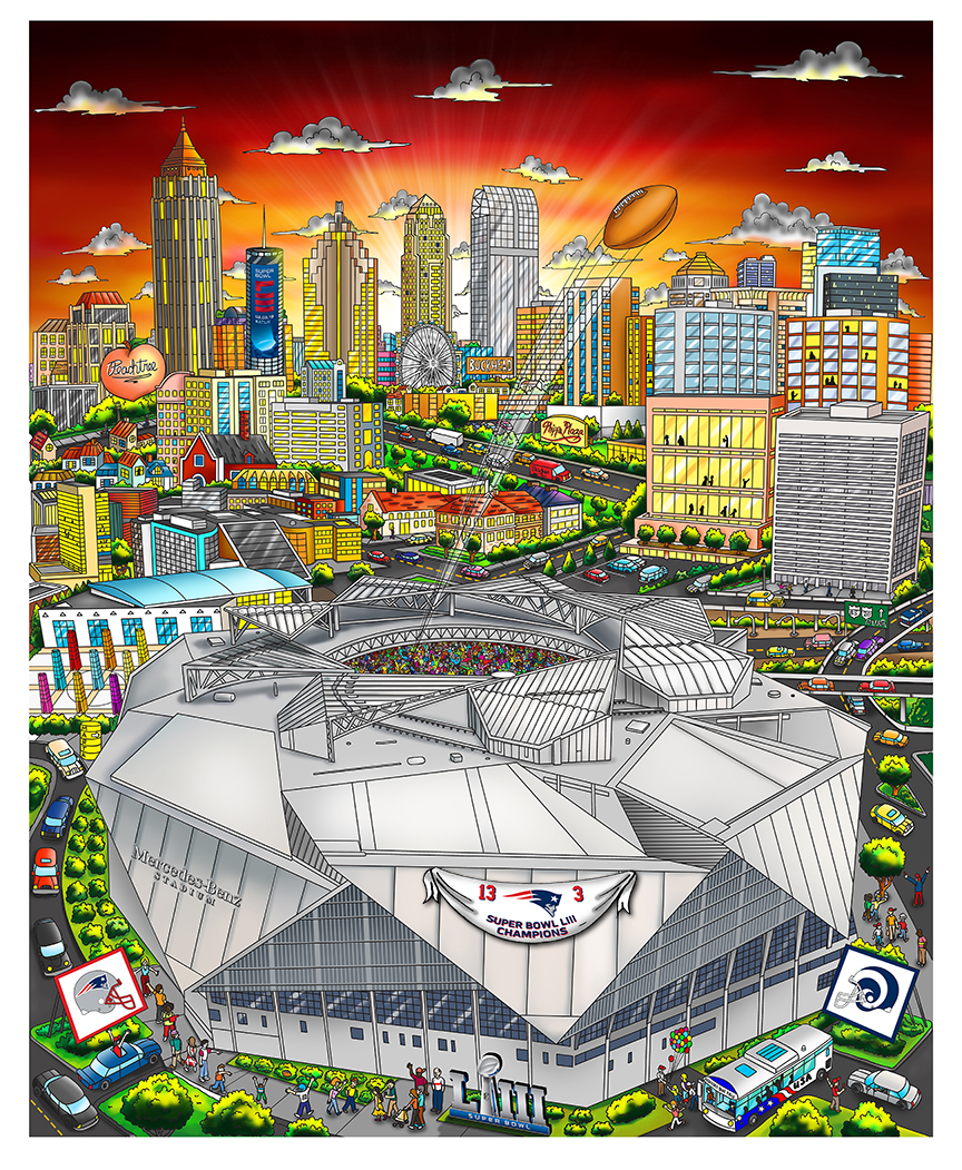 Super Bowl LIII artwork featuring the Mercedes Benz Stadium set in front of a cityscape backdrop of well known hot spots in Atlanta GA