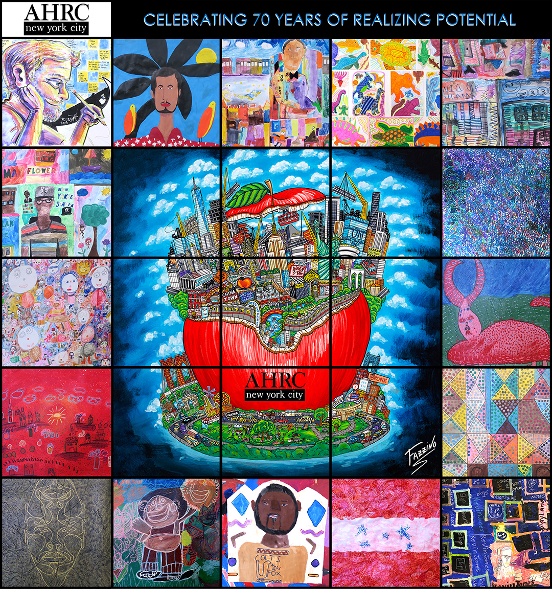 Grid-like collage featuring art works of young artists from AHRC with Charles Fazzino red apple in the center