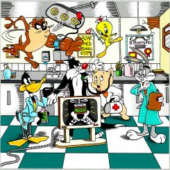 Looney Tunes doctor visit with Tweety Bird, Taz, bugs bunny, daffy duck, porky the pig using a stethoscope - Charles Fazzino 3D Pop Artist