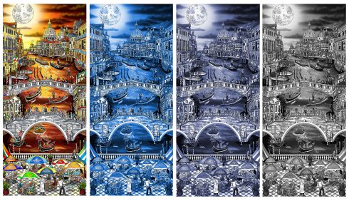 "Midnight in Venice" new multi-piece series printed on an aluminum background: Black and White, Color, Blue, and Grey Blue from 3D Pop Artist Charles Fazzino 